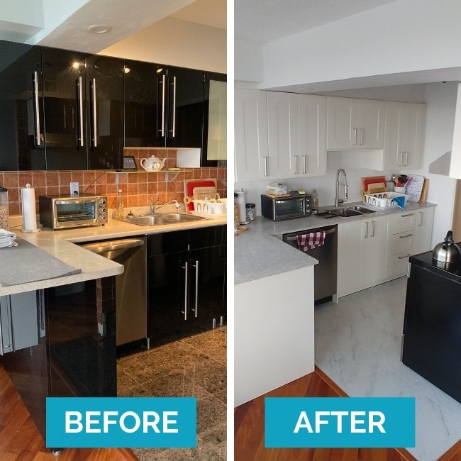 Before and after images from a kitchen renovation project in Etobicoke