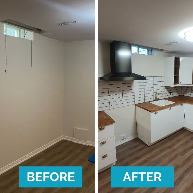 Before and after images from a basement kitchen construction project in Mississauga.
