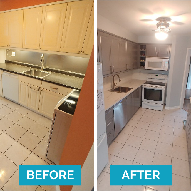 Before and after images from a kitchen renovation project in Mississauga.