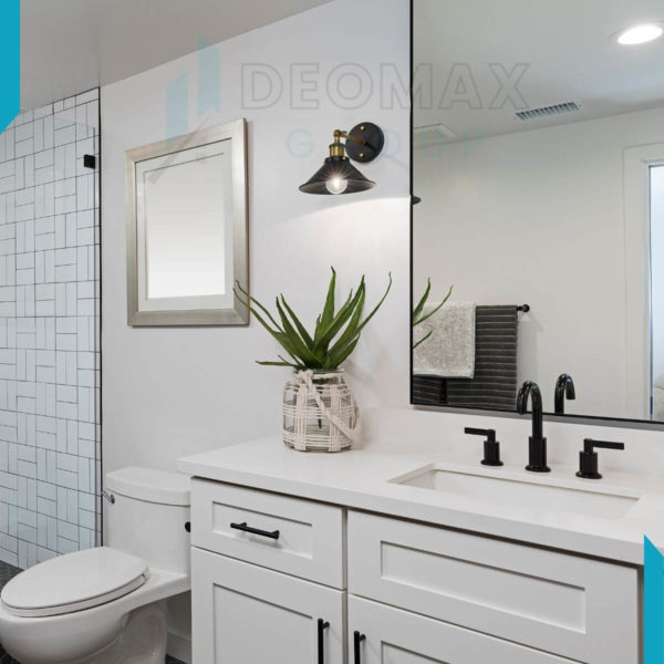 White tile bathroom with spacious vanity