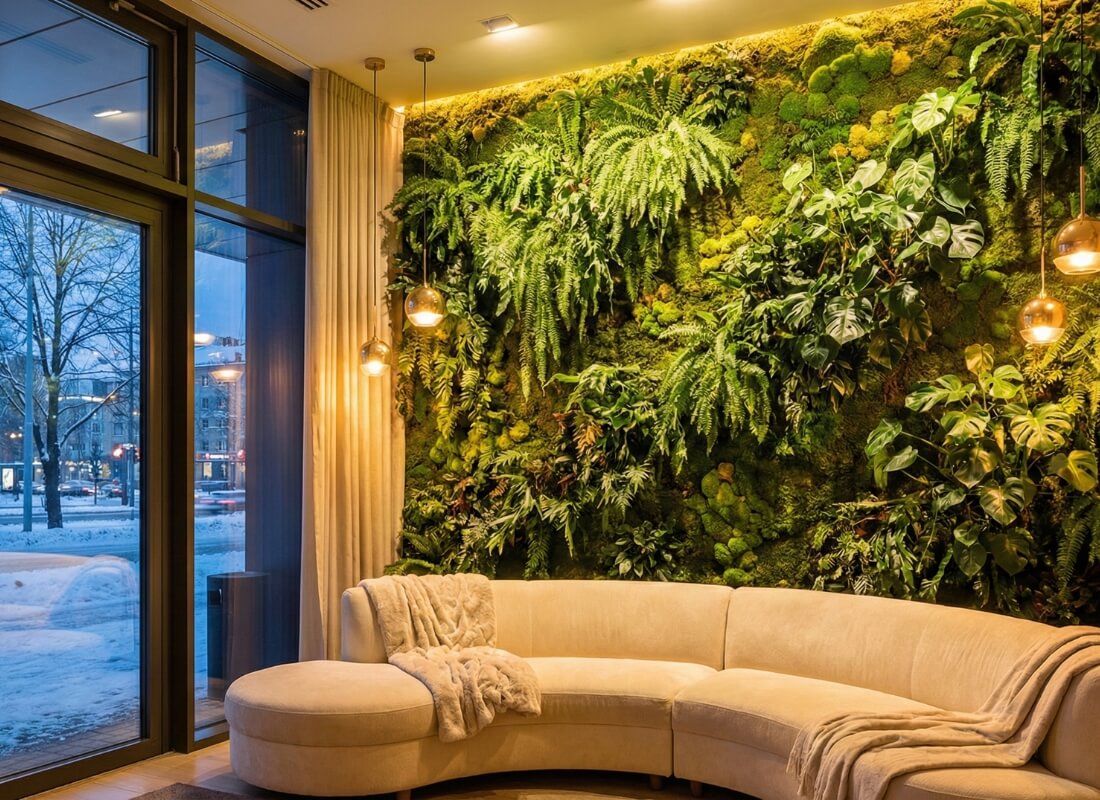 Biophilic living wall design adding greenery and warmth to a luxury condo waiting area.