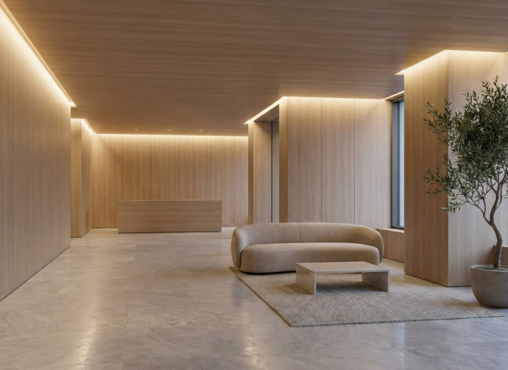 Modern minimalist condo lobby interior featuring warm wood paneling, stone flooring, and elegant seating.