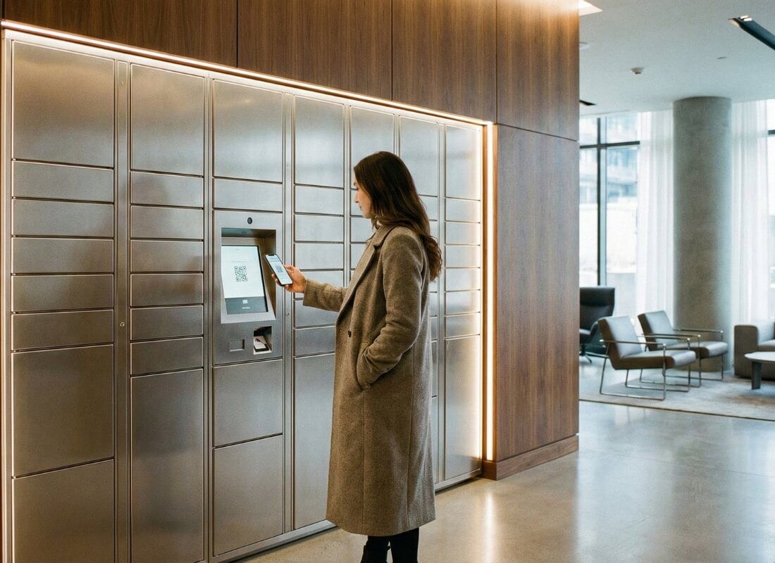 Secure smart parcel locker system integrated into a modern condo mailroom for package safety.