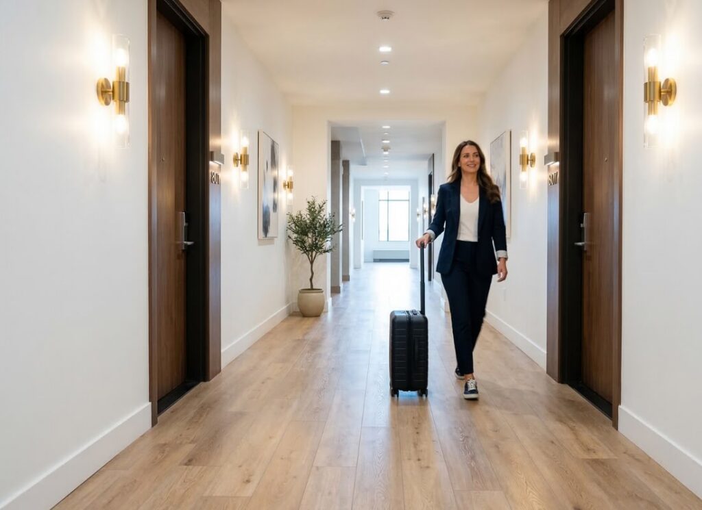 A modern high-traffic condo corridor featuring the best flooring for condo corridors using light oak commercial LVP.