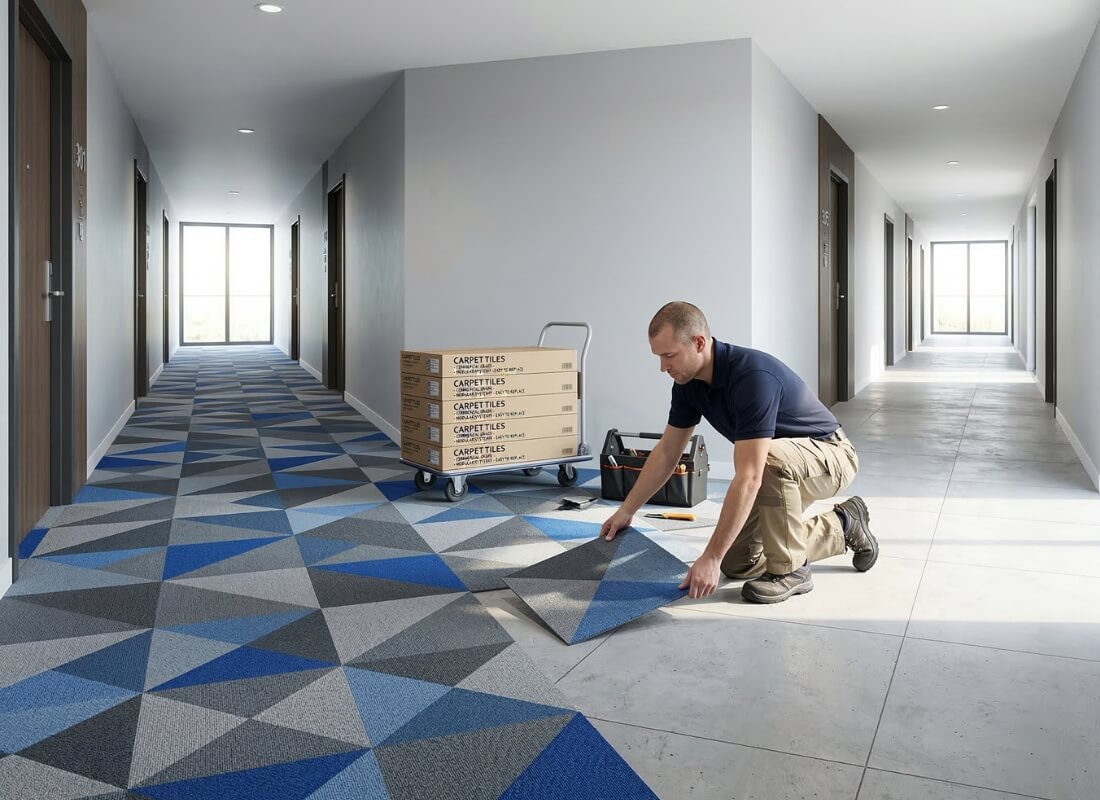 An installer placing modern modular carpet tiles as commercial grade flooring options in a residential hallway.