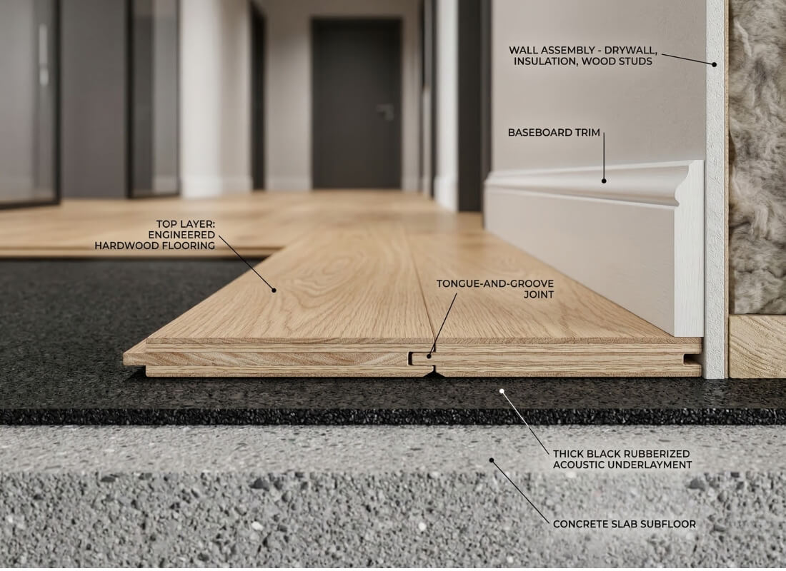 A cross-section showing condo board approved flooring with a sound-absorbing acoustic underlay over concrete