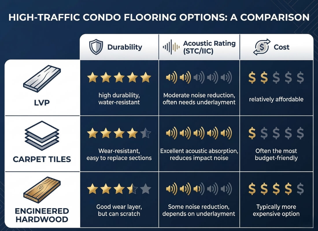 comparing the best flooring for condo corridors including LVP, carpet tiles, and engineered hardwood.