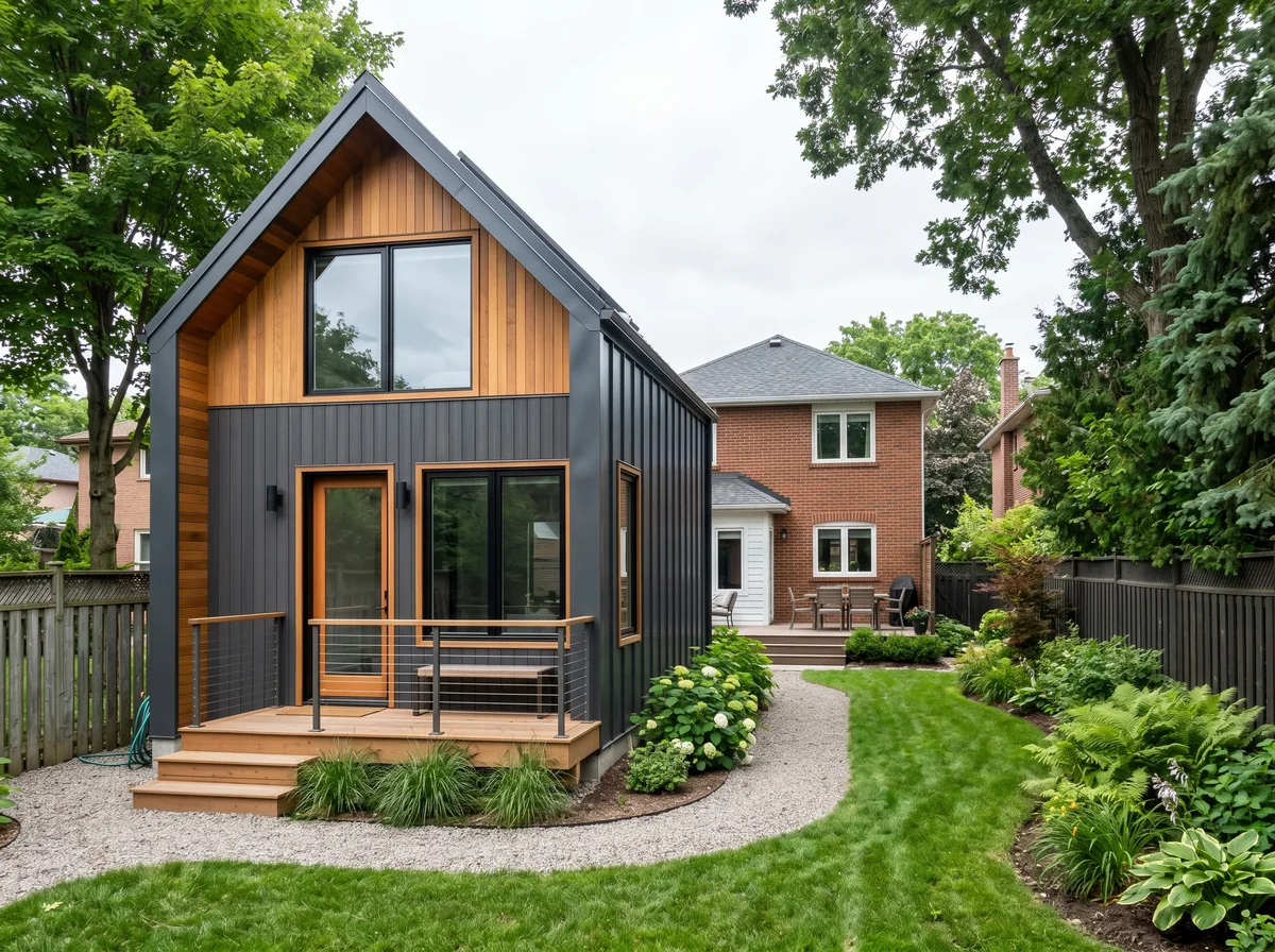 Modern detached garden suite built in an Etobicoke backyard behind a single-family home
