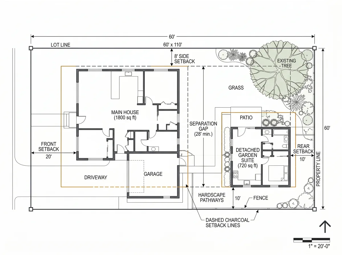 Site plan diagram showing garden suite setbacks and separation from the main house on an Etobicoke lot