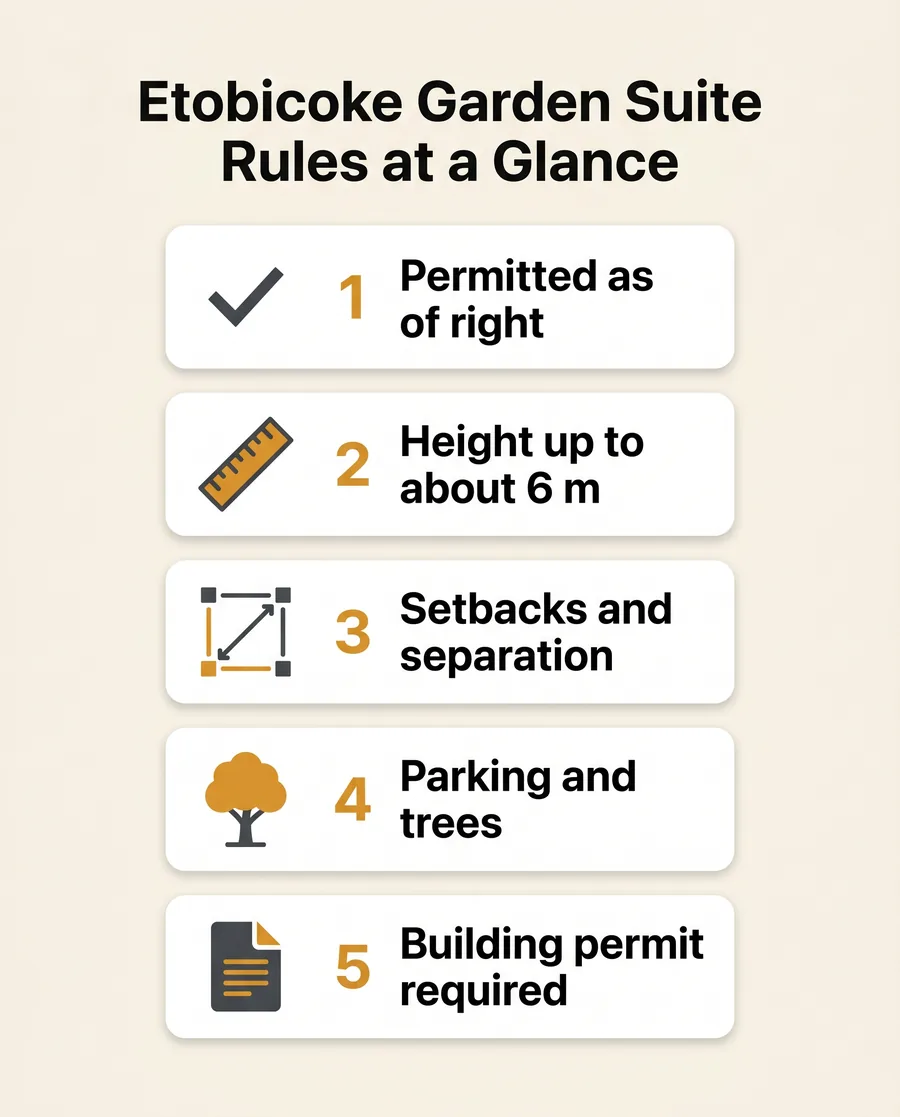 Infographic summarizing Etobicoke garden suite zoning rules: height, setbacks, separation, and approvals