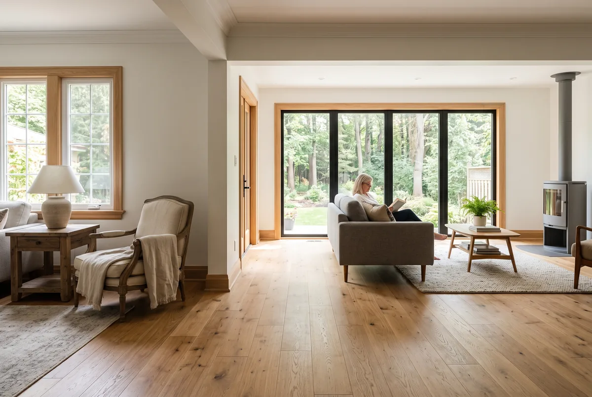 Interior of a GTA home addition with continuous hardwood flooring and matched ceiling height between old and new rooms