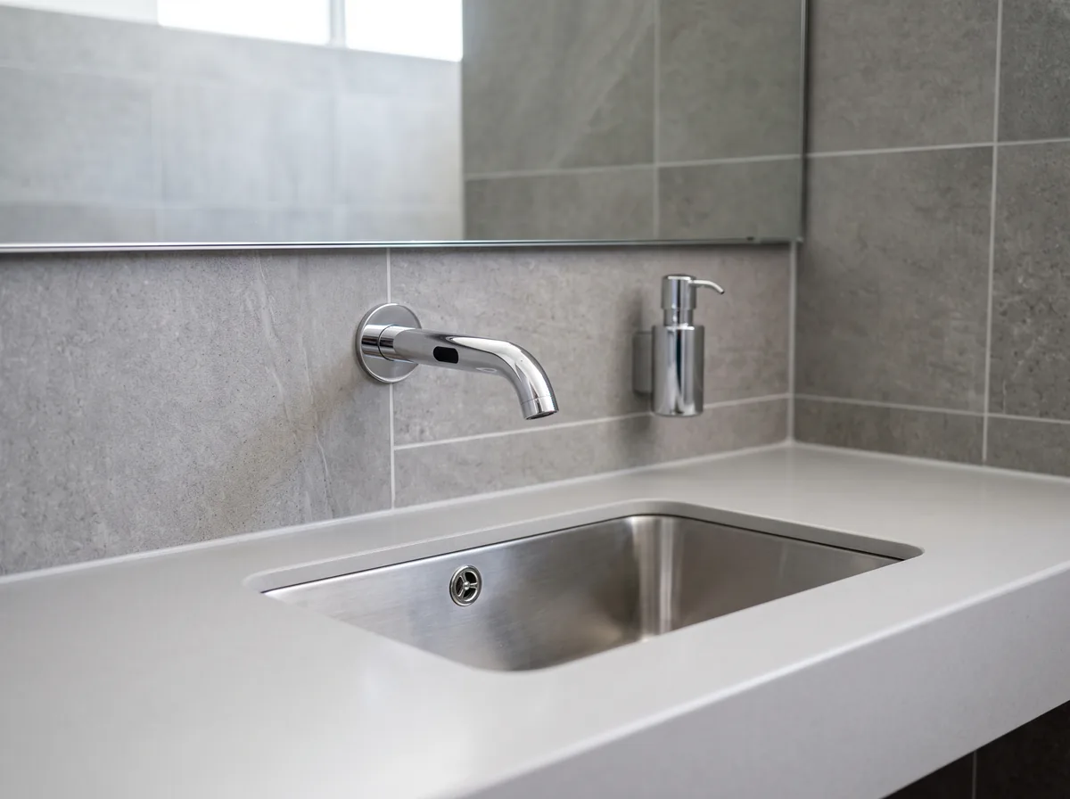 Sensor faucet and solid-surface counter in a newly renovated commercial condo washroom