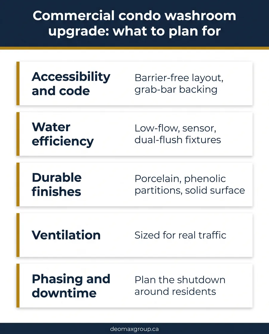 Card guide listing what to plan for in a commercial condo washroom upgrade