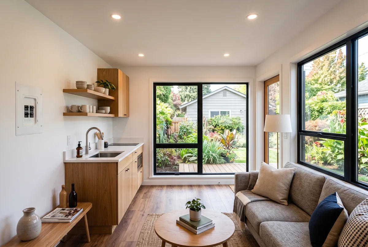 Interior of a finished garden suite with a mini electrical panel kitchenette sink and heat pump in a GTA backyard home