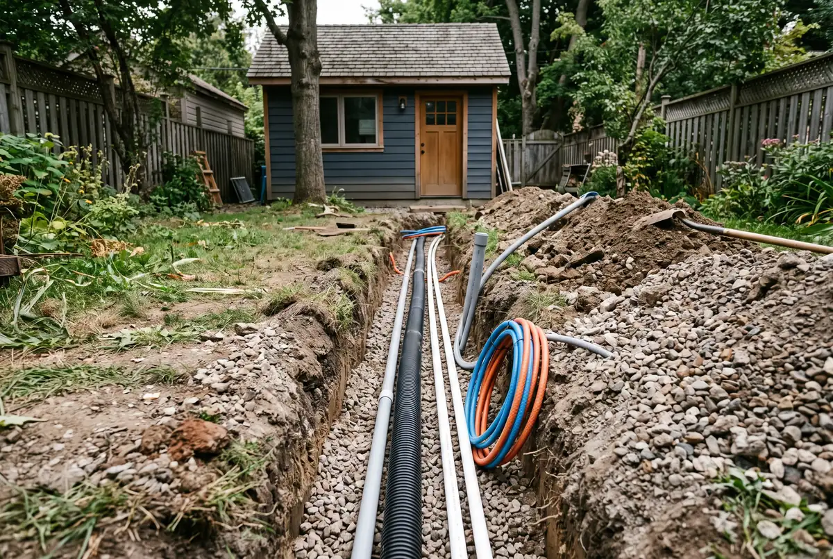 Utility trench with water lines electrical conduit and a drain pipe running to a backyard garden suite in the GTA