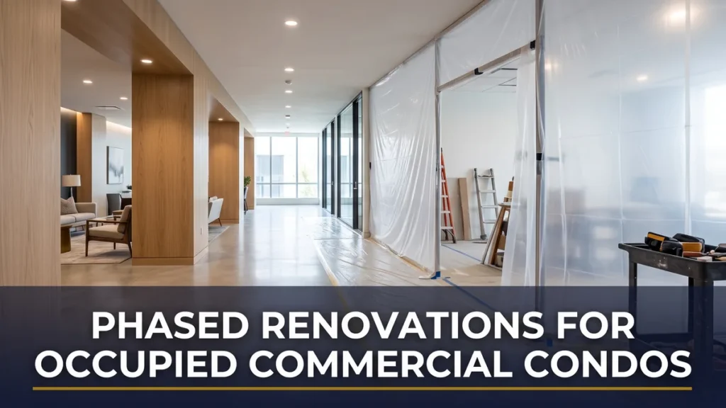Commercial condo corridor half under renovation, illustrating phased renovations for occupied buildings