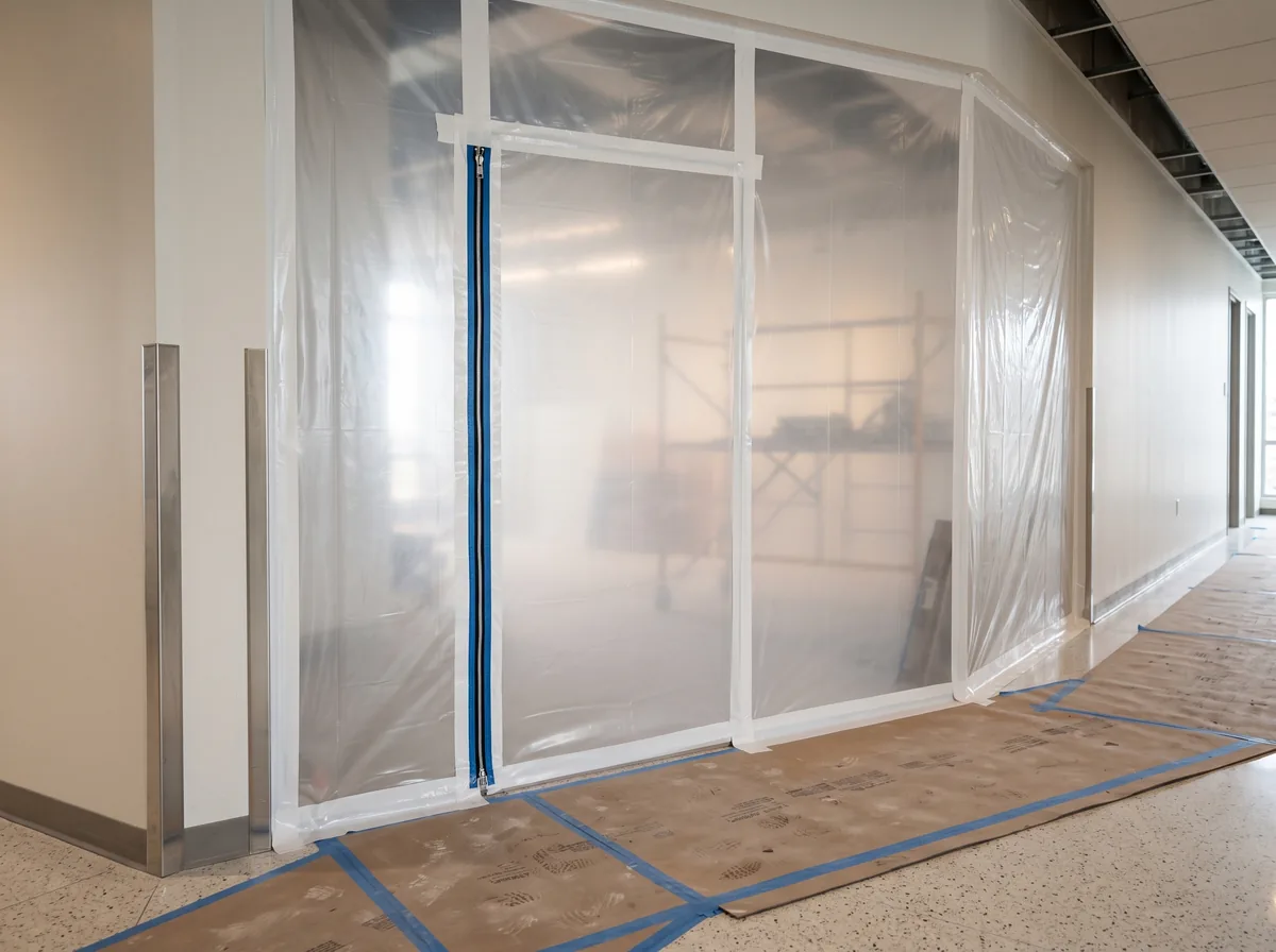 Temporary dust barrier sealing a renovation zone in an occupied commercial condo corridor