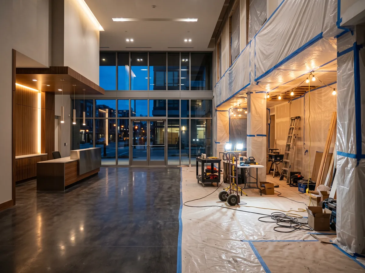 Commercial condo lobby half renovated during an off-hours phase of an occupied-building project