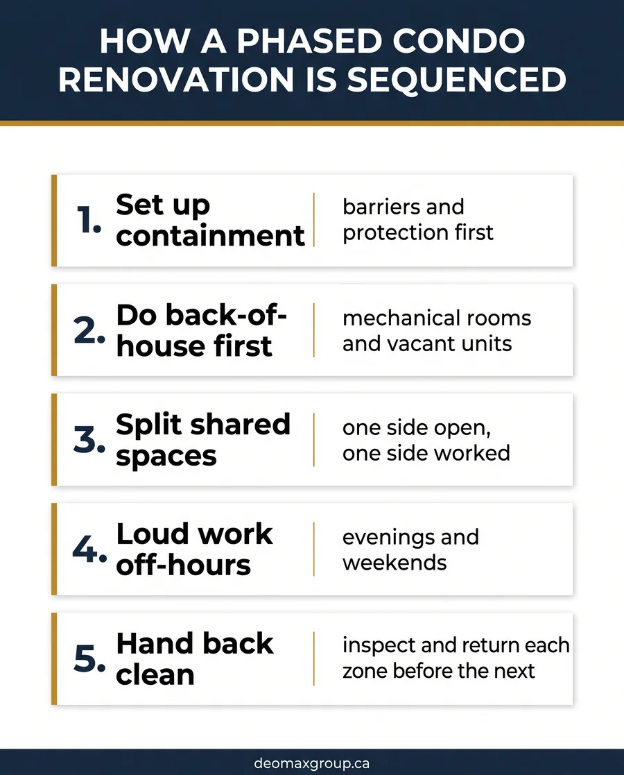 Five-step sequence for phasing a commercial condo renovation in an occupied building