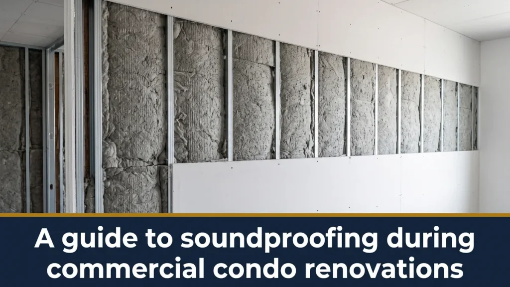 Condo wall mid-renovation with acoustic insulation, illustrating a soundproofing condo renovation
