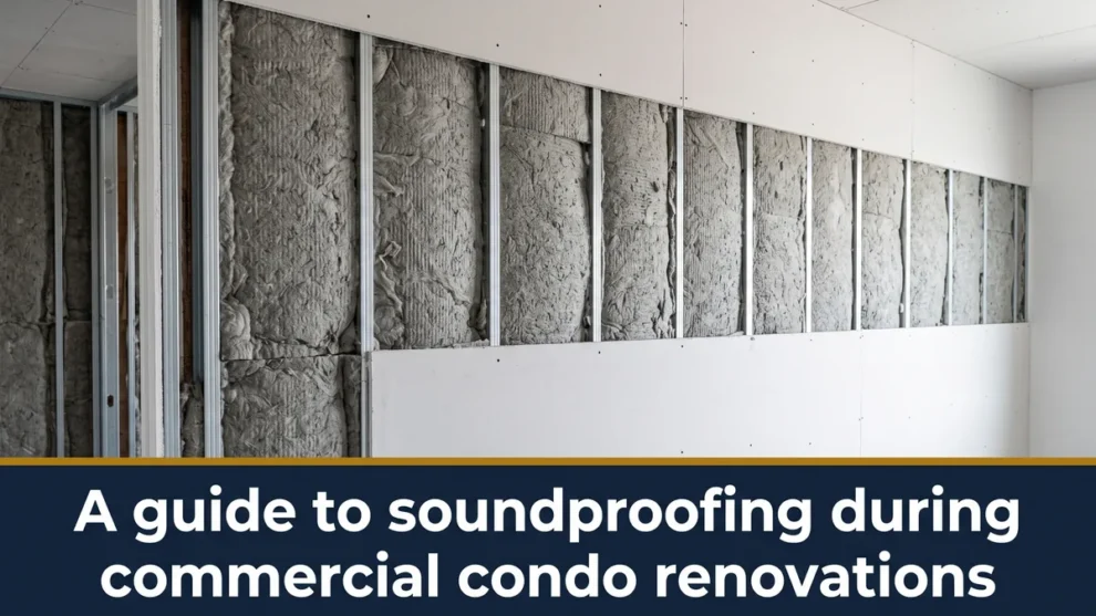 Condo wall mid-renovation with acoustic insulation, illustrating a soundproofing condo renovation
