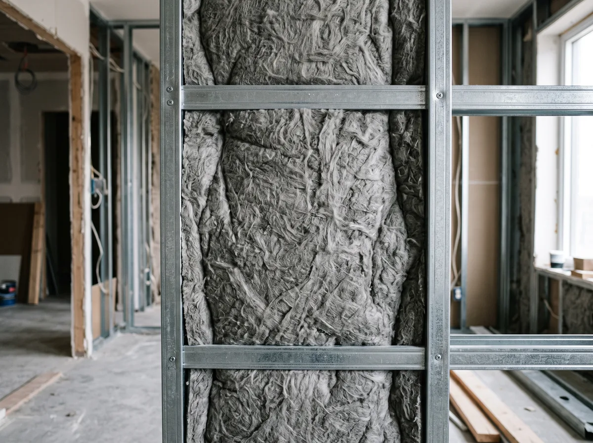 Acoustic mineral wool insulation packed between wall studs on a condo renovation site