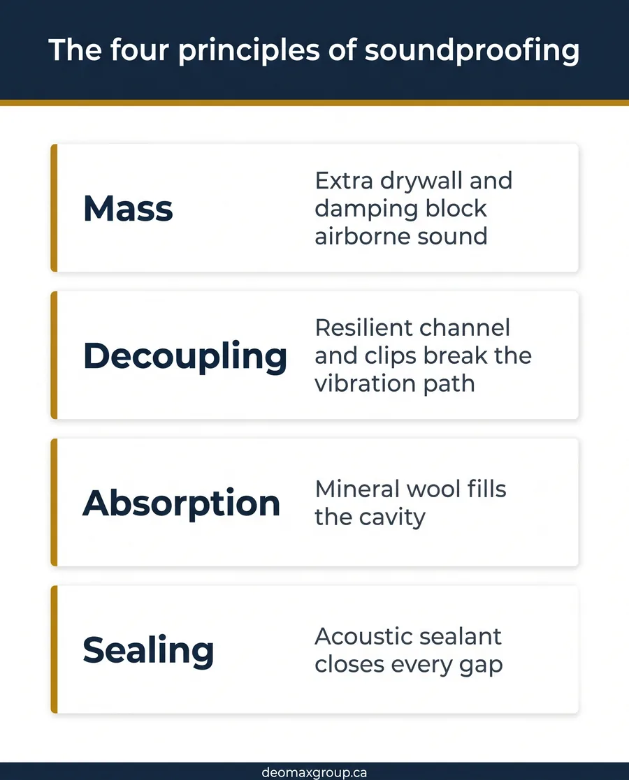 Card guide showing the four principles of soundproofing a condo renovation