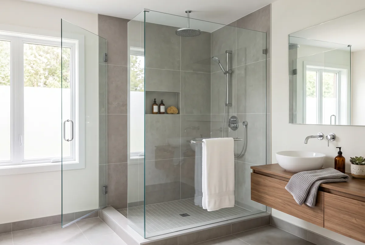 Glass-enclosed walk-in shower with a low tiled curb in a modern GTA bathroom renovation