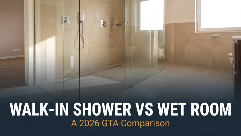 Walk-in shower vs wet room comparison banner for GTA bathroom renovations