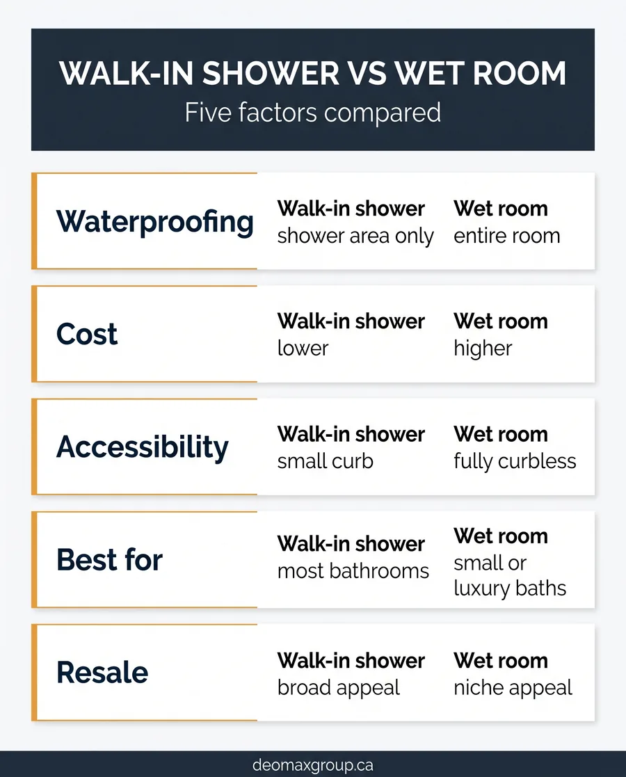 Walk-in shower vs wet room comparison of waterproofing, cost, accessibility, and resale for GTA homes