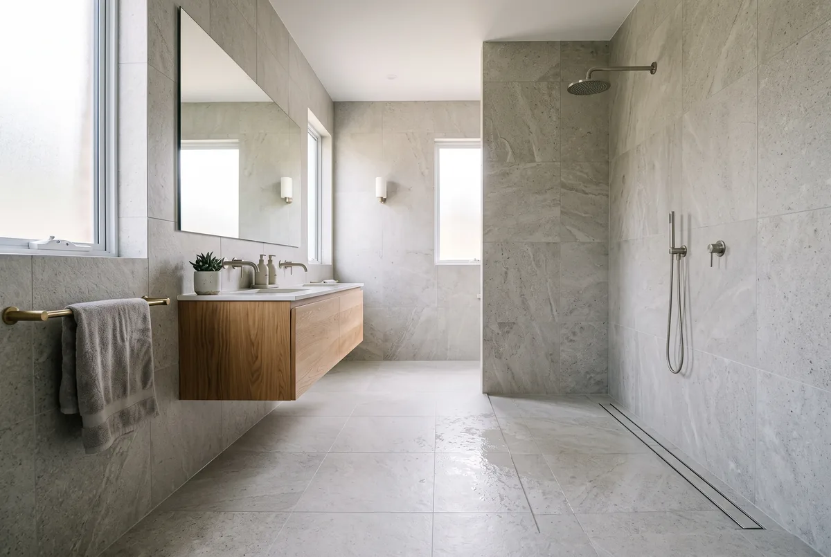 Open curbless wet room bathroom with a linear drain and floating vanity in a GTA home