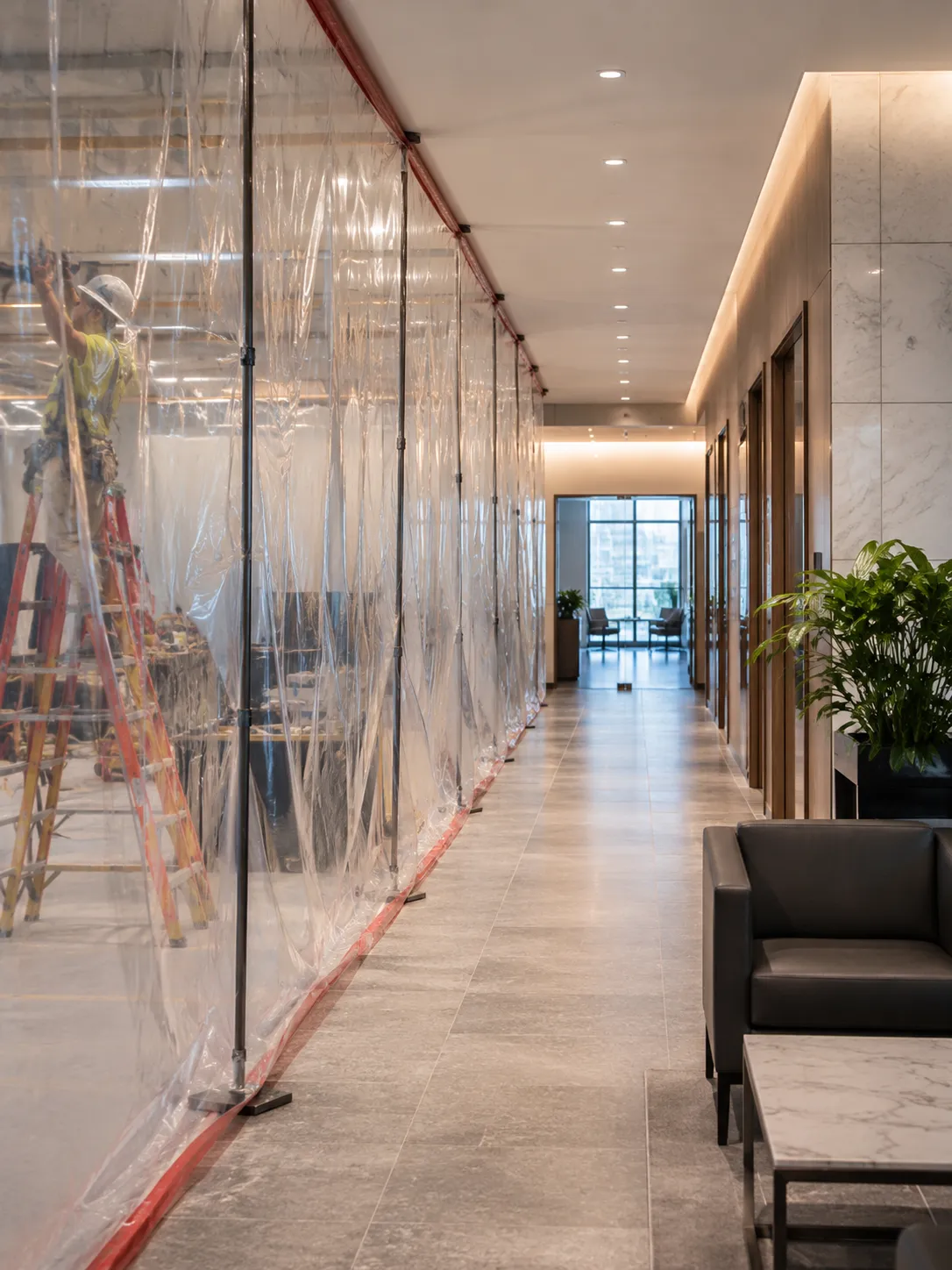 phased commercial renovation with dust barrier