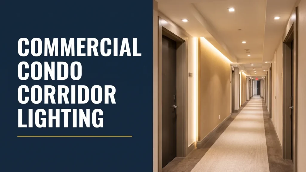 Modern condo corridor with layered warm lighting, illustrating commercial condo corridor lighting