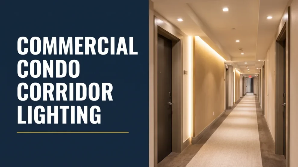 Modern condo corridor with layered warm lighting, illustrating commercial condo corridor lighting