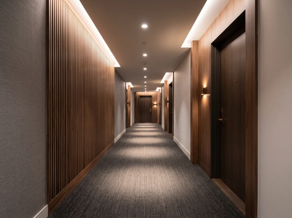 Condo corridor with an accent light wash on a feature wall and warm recessed downlights