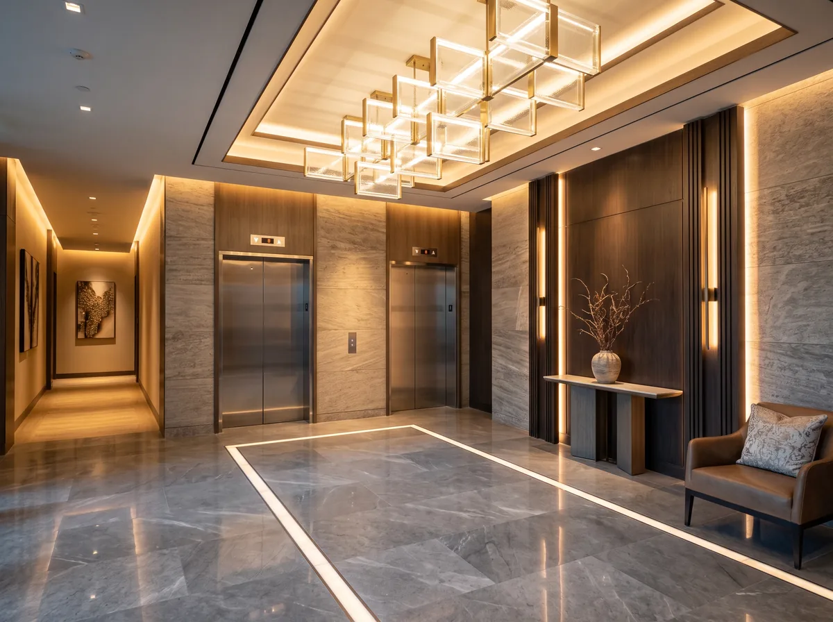 Upscale condo elevator lobby with a feature fixture and warm accent lighting on finishes