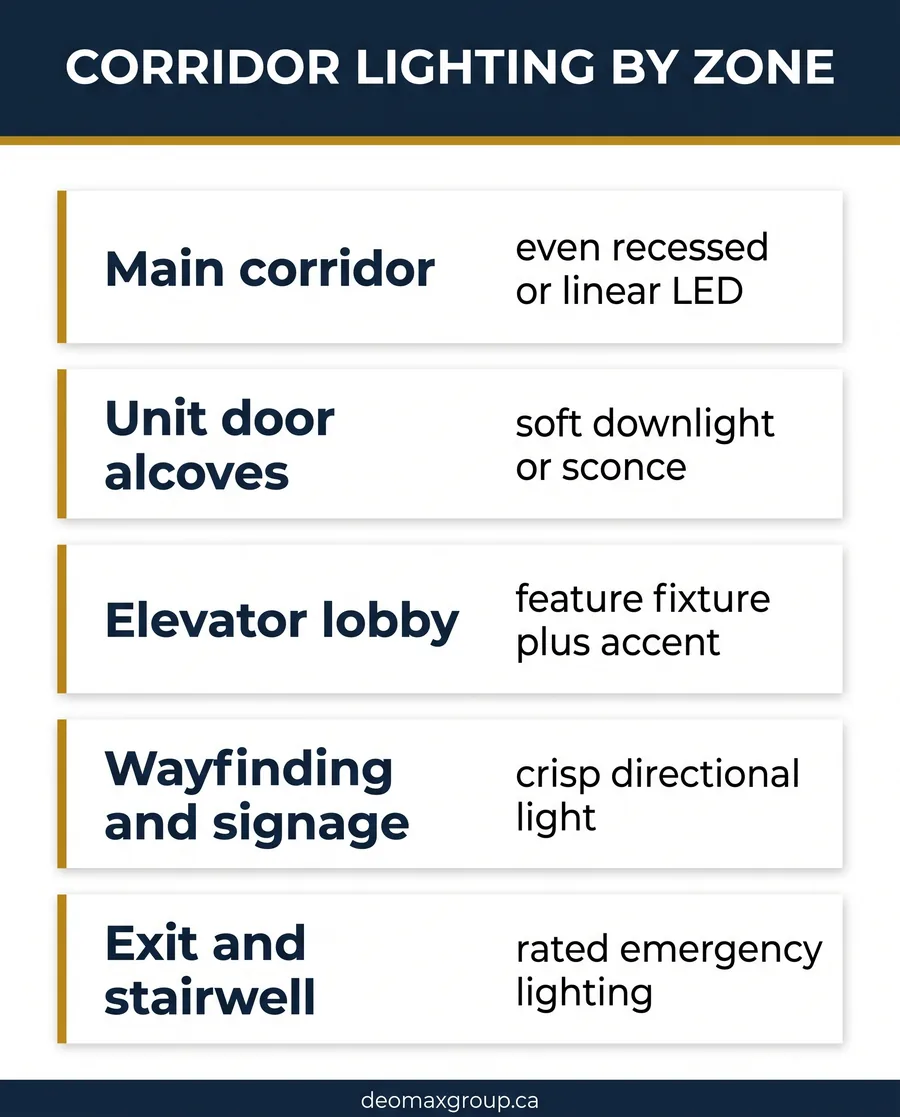 Condo corridor lighting decision guide matching fixture approach to each zone from corridor to exit