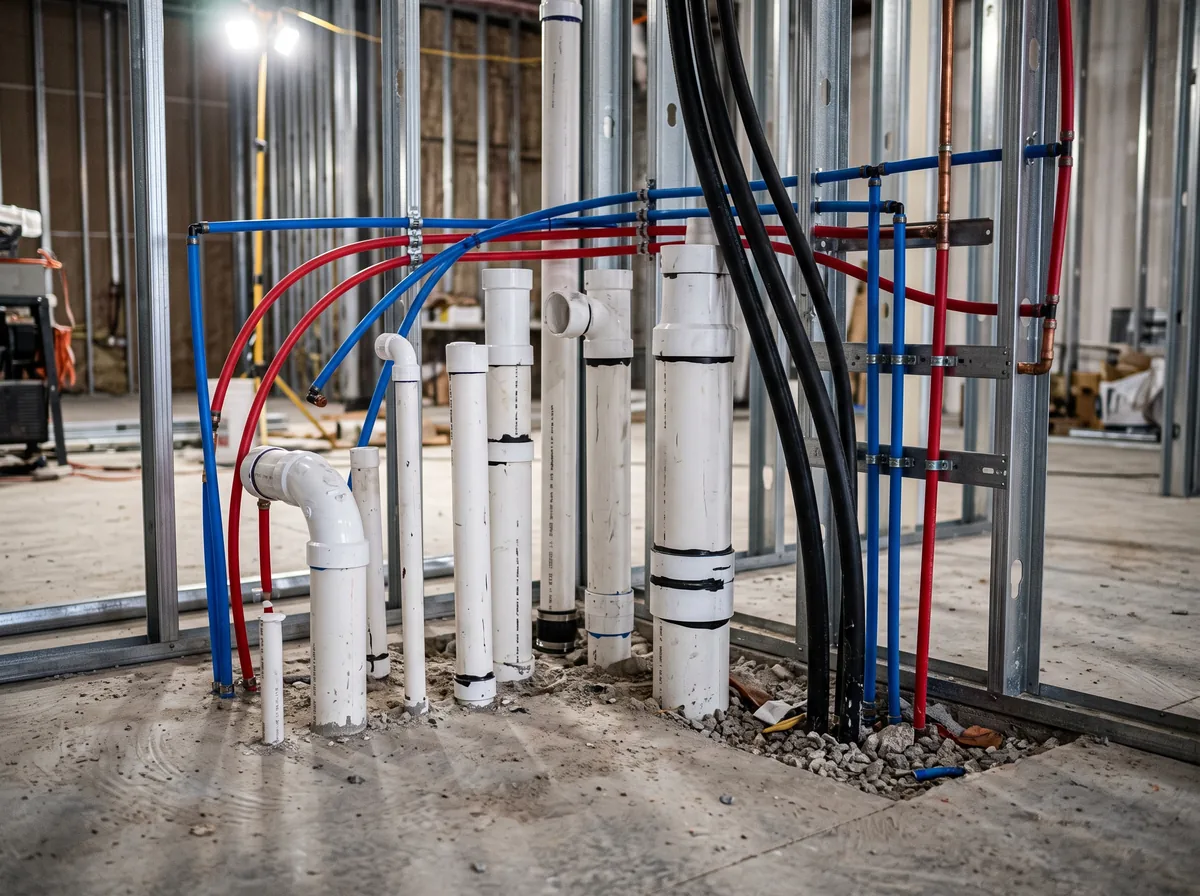 Exposed plumbing and suction rough-ins stubbed up from a concrete floor in a clinic build