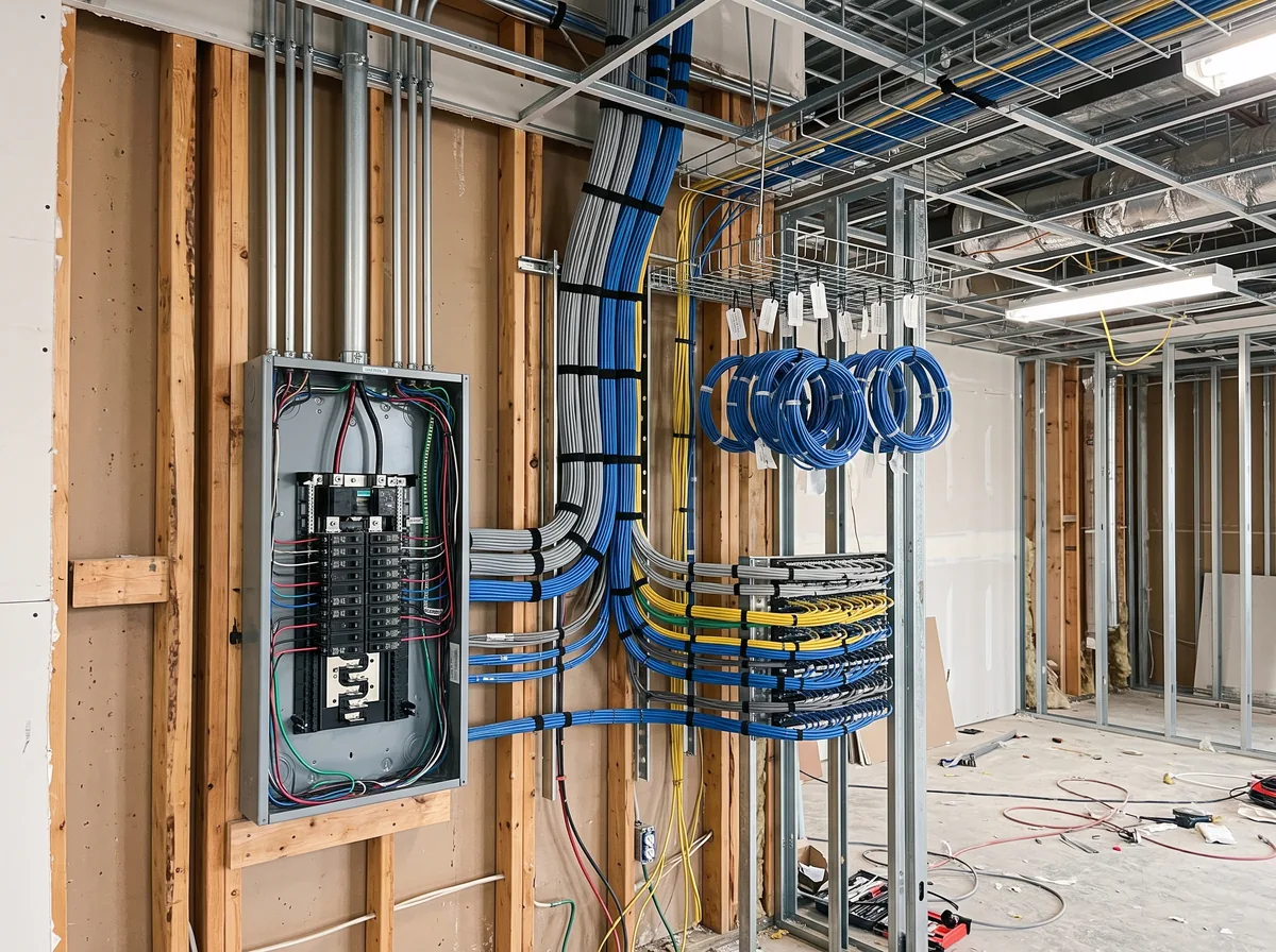 Electrical panel with conduit and network cabling roughed in on a wall in a clinic build