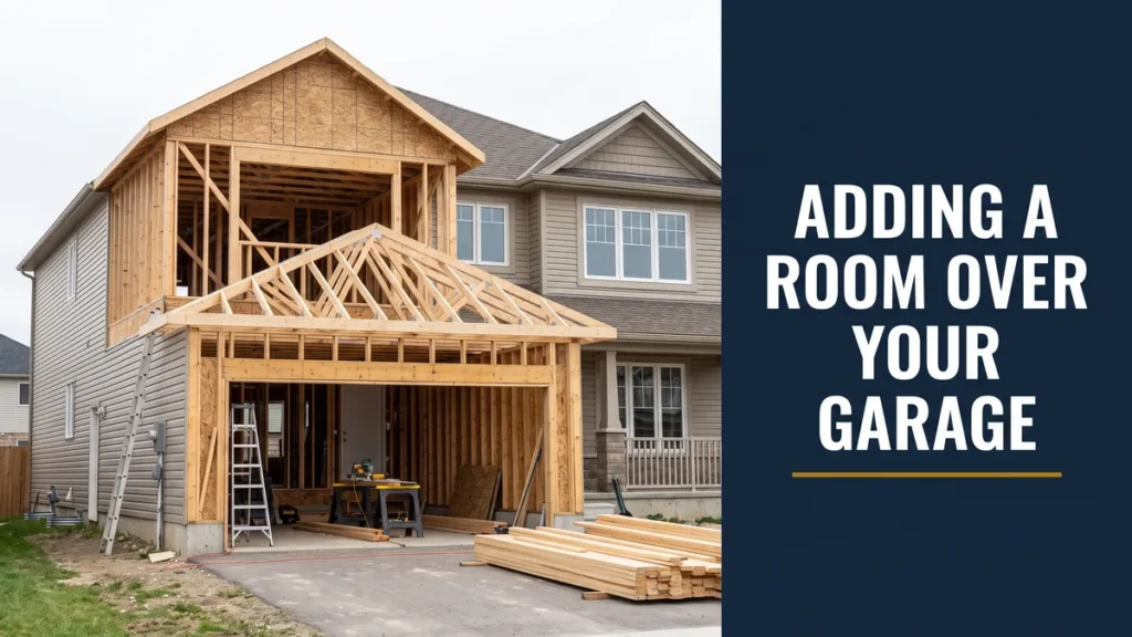 New second storey framed over an attached garage, illustrating a room addition over garage
