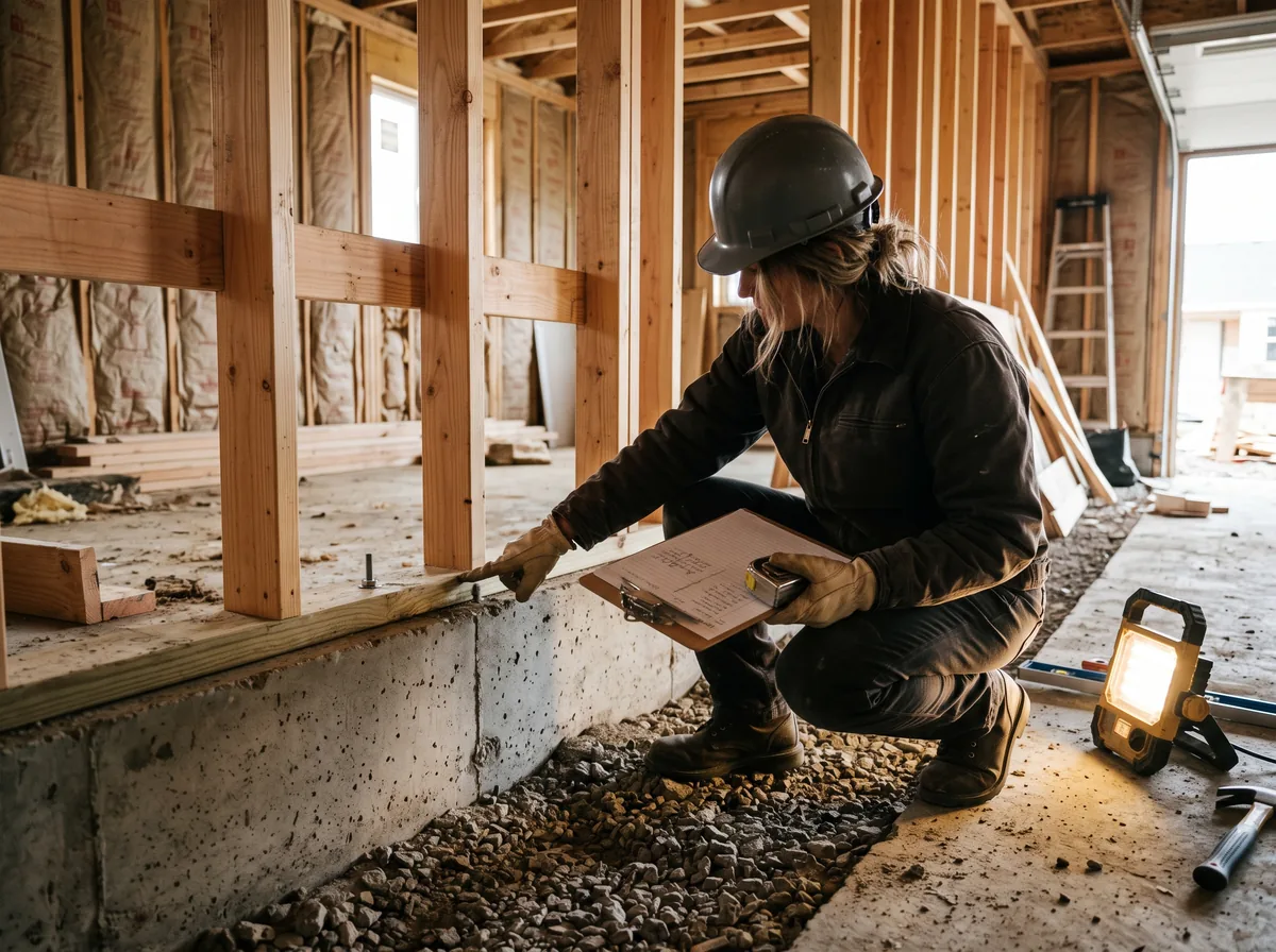 Engineer assessing a garage foundation and wall framing before a second-storey addition