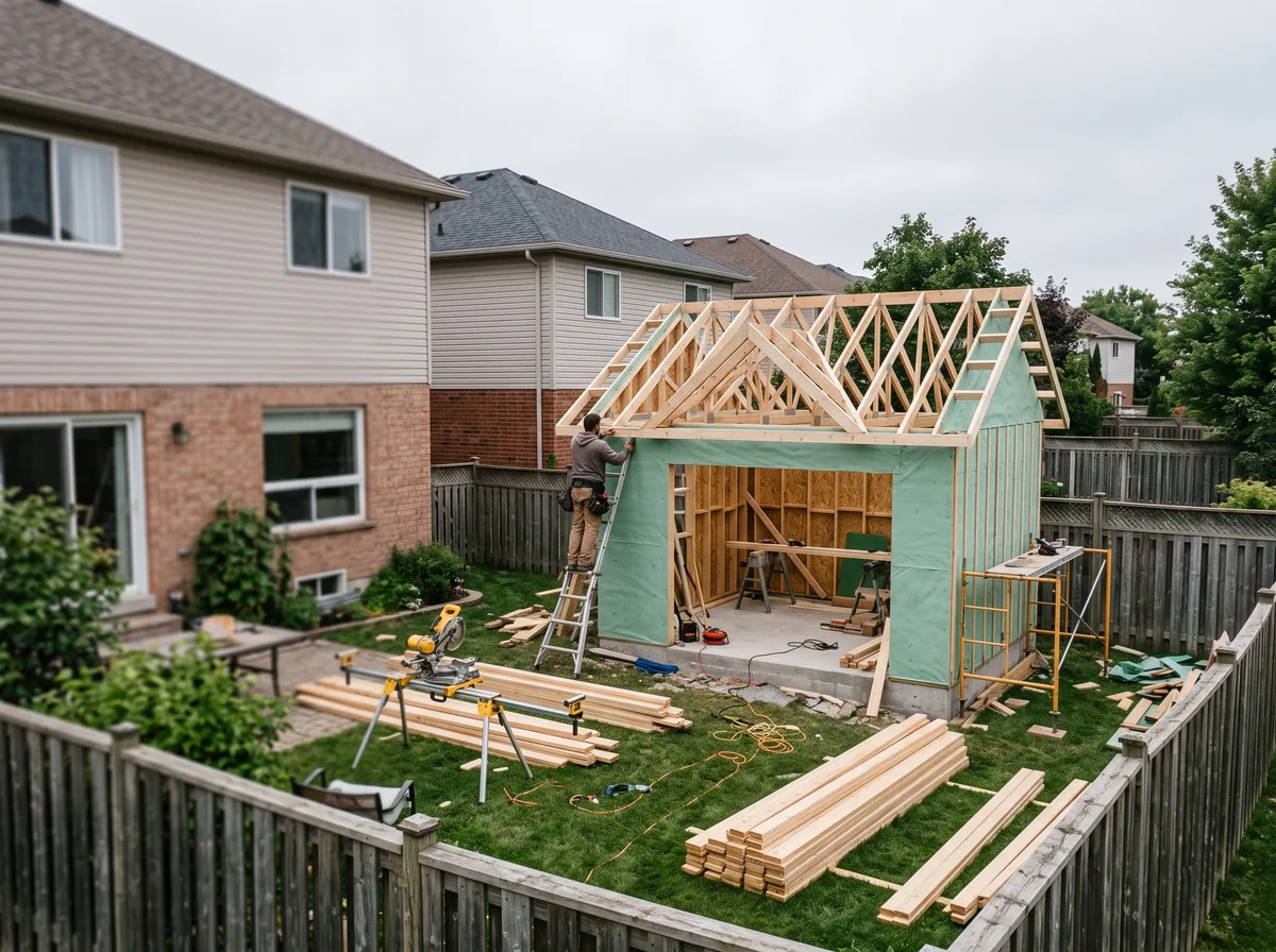 A garden suite taking shape behind a detached Oakville home