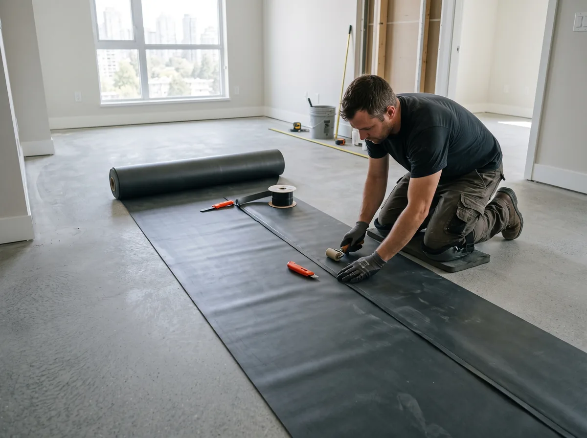 Acoustic underlayment being rolled out across a levelled condo slab