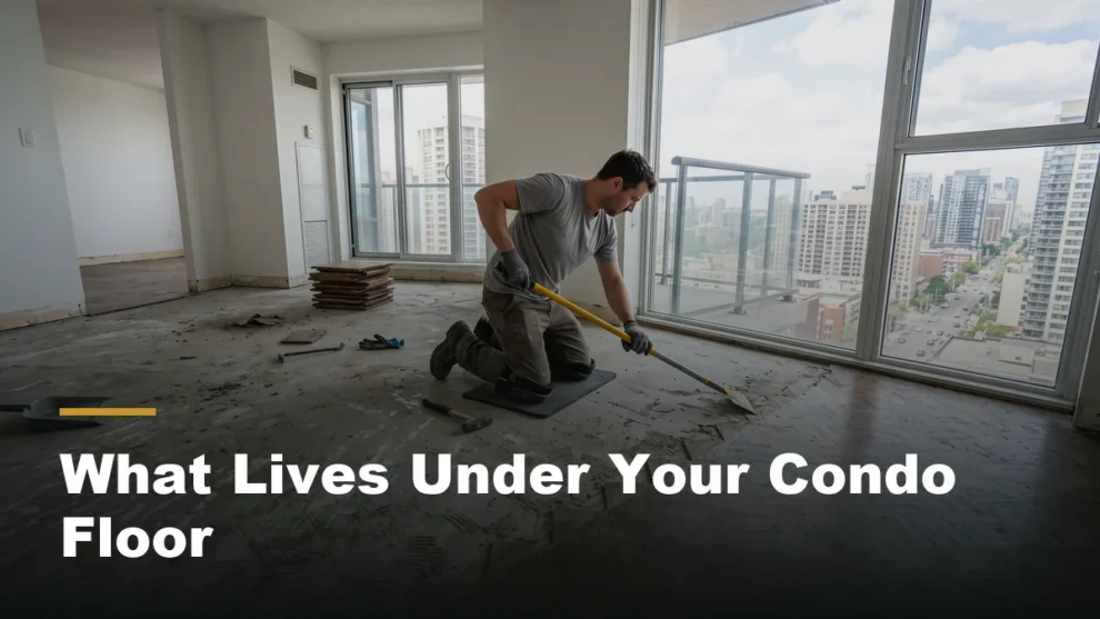 A condo living room during flooring removal, half parquet and half bare slab