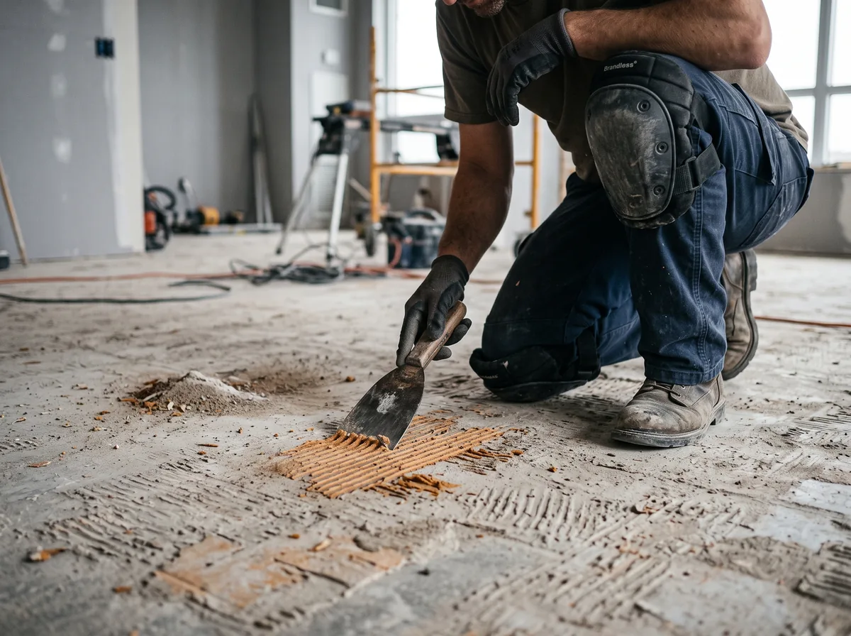 A bare concrete slab after condo flooring removal, adhesive residue being scraped flat