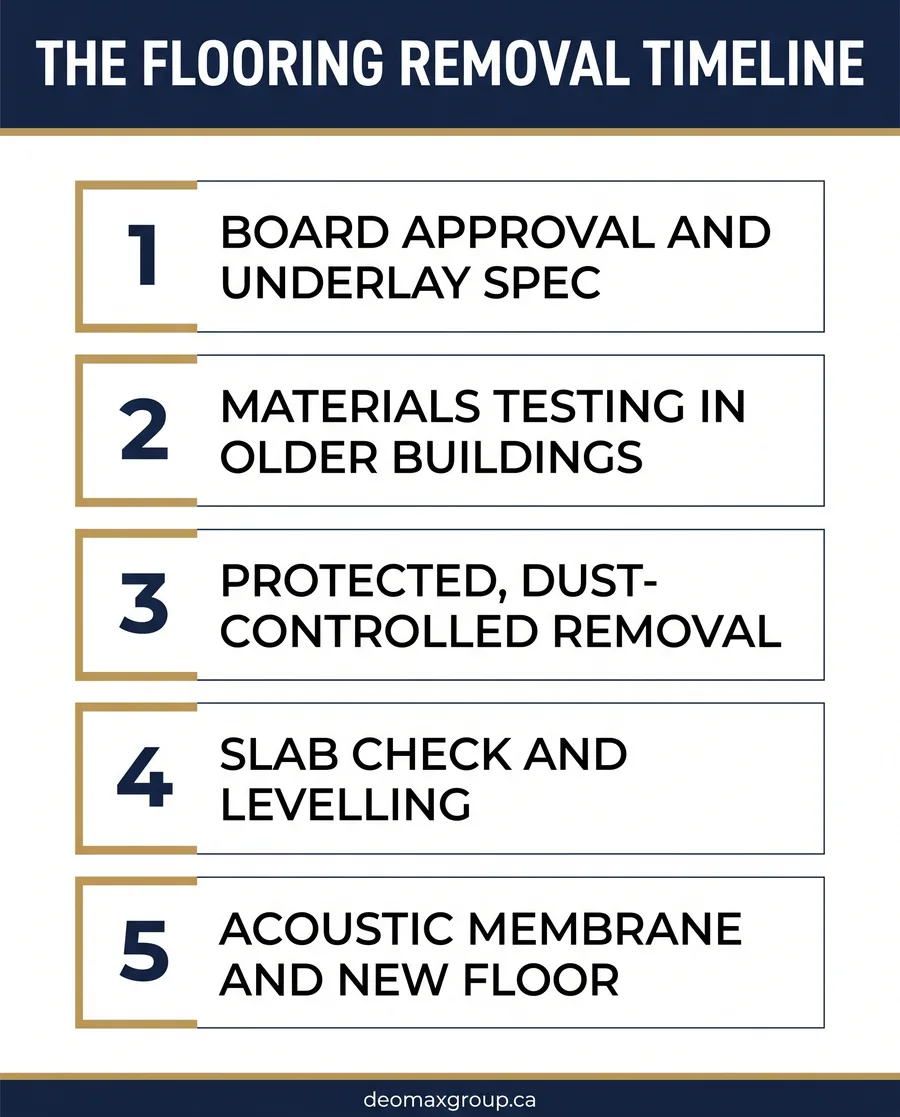 Timeline cards for condo flooring removal from approvals to slab prep