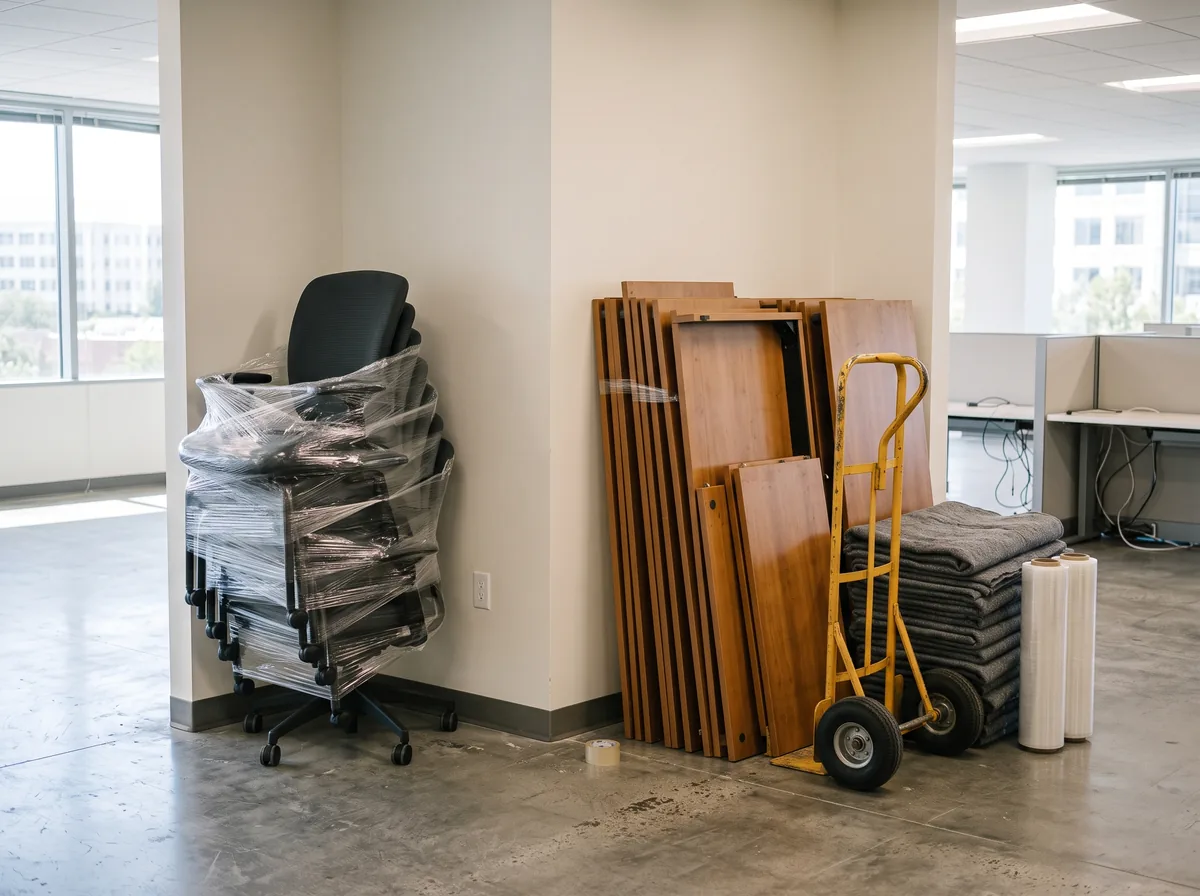 Labelled office furniture staged for resale and donation before decommissioning