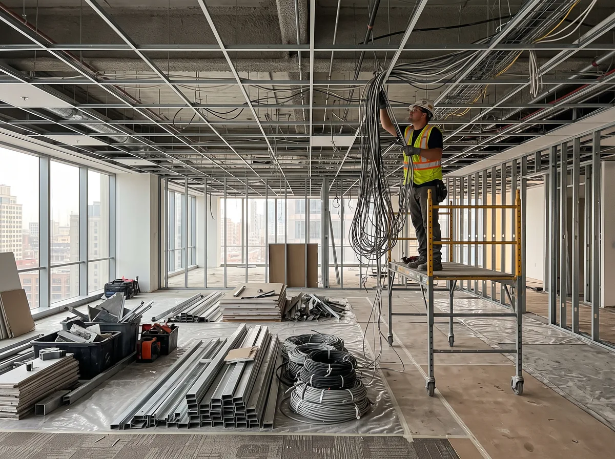 An office floor mid strip-out with partitions removed and cabling pulled
